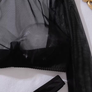 Set lenjerie intima sexy din dantelată fină elastică cu ciorapi înalți, negru, 3 piese #ZZ4315 - Img 11