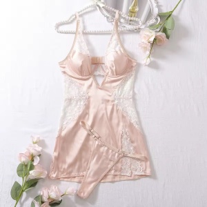 Set lenjerie intima sexy satinata cu rochie de noapte si chilot, roz, 2 piese #ZZ4669 - Img 7