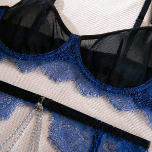 Set lenjerie sexy din dantela cu lanturi decorative, negru/albastru, 4 piese #ZZ4944 - Img 7