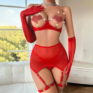 Set lenjerie sexy din dantela fina, cu cristale, lanturi si manusi, rosu, 5 piese#ZZ4956 - Img 4