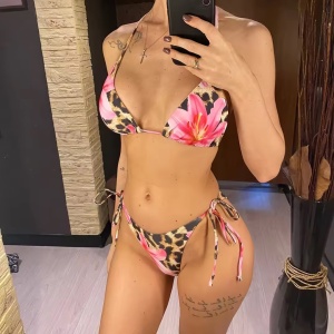 🔥Oferta zilei🔥Costum de baie 2 piese cu imprimeu leopard si accesorii aurii, slip reglabil, multicolor #ZZ2141 - Img 3