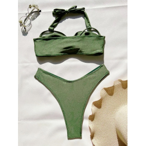 🔥Oferta zilei🔥Costum de baie 2 piese sidefat, cu decupaje, slip tanga, verde kaki #ZZ2092 - Img 6