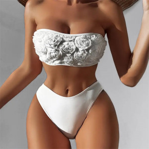 🔥Oferta zilei🔥Costum de baie 2 piese, sutien tip bustiera cu trandafiri decorativi, alb #ZZ2007