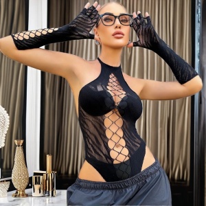 🔥Oferta zilei🔥Set lenjerie intima sexy elastica cu body si manusi, negru, 2 piese #ZZ4509