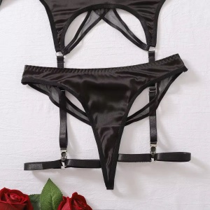🔥Oferta zilei🔥Set lenjerie intima sexy satinat, corset cu prindere portjartier, negru, 2 piese #ZZ4132 - Img 12