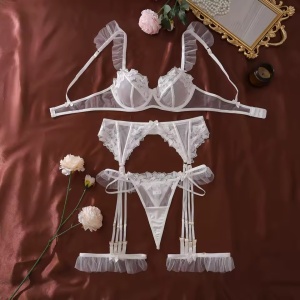 🔥Oferta zilei 🔥Set lenjerie intima sexy din dantela brodata, alb, 4 piese#ZZ4064 - Img 9