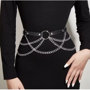 Accesoriu pentru talie din piele ecologica si lant, negru #ZZ4035