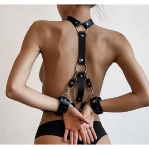 Accesoriu sexy tip ham din piele ecologica pentru bust/spate cu catuse, negru, 2 piese #ZZ4421