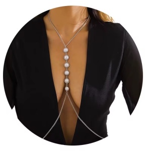 Body chain pentru decolteu cu perle albe decorative, argintiu #ZZ4059 - Img 5