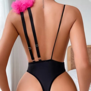 Body sexy cu decolteu adanc, paiete si tul decorativ, negru/ roz/ argintiu, #ZZ4237 - Img 2