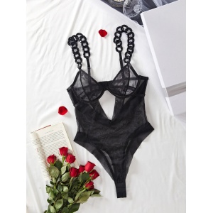 Body sexy din dantela fina elastica cu decupaje si bretele din lant, negru#ZZ4914 - Img 6