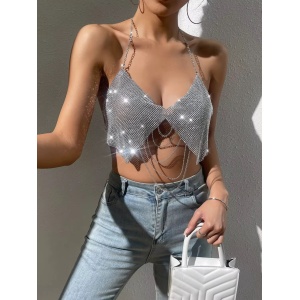 Bustiera metalica tip body chain cu lanturi decorative, argintiu #ZZ4447 - Img 2