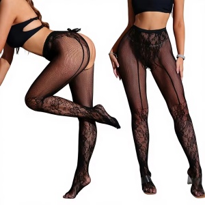 Ciorapi sexy tip dres din plasa fina elastica cu model brodat si decupaj, negru #ZZ4125