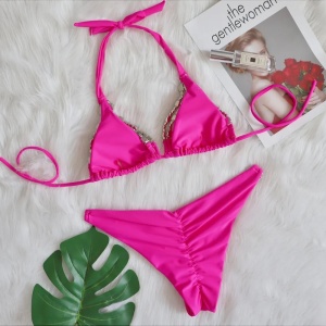 Costum de baie 2 piese brazilian cu cristale decorative la slip si sutien, roz neon #ZZ2121 - Img 7