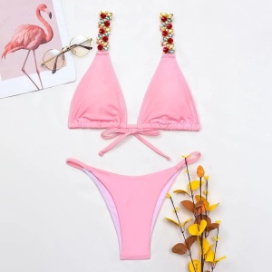 Costum de baie 2 piese, cristale colorate la sutien, roz #ZZ2857 - Img 4
