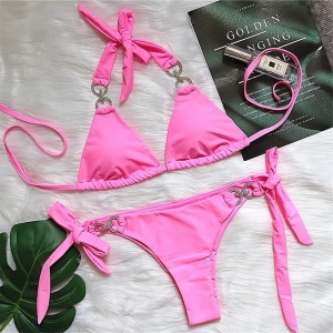Costum de baie 2 piese, cristale decorative si slip reglabil, roz fucsia #ZZ2843 - Img 5