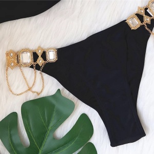 Costum de baie 2 piese cu accesorii metalice si cristale decorative, negru #ZZ2881 - Img 9