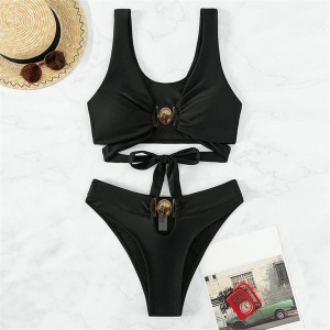 Costum de baie 2 piese cu catarame metalice aurii la slip si sutien, negru #ZZ2794 - Img 7