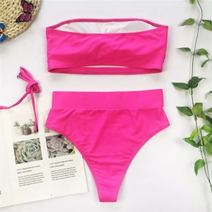 Costum de baie 2 piese cu catarame metalice si slip cu talie inalta, roz fucsia #ZZ2795 - Img 8