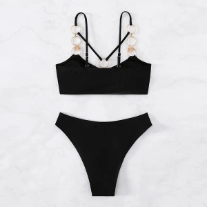 Costum de baie 2 piese cu cercuri metalice decorative la slip si sutien, negru #ZZ2769 - Img 6