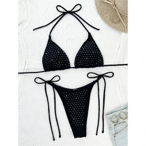 Costum de baie 2 piese cu cristale aplicate, slip reglabil, negru #ZZ2086 - Img 10