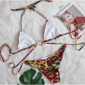 Costum de baie 2 piese cu cristale decorative, animal print, slip brazilian, multicolor #ZZ2895 - Img 11