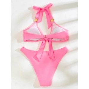 Costum de baie 2 piese cu cristale decorative la sutien, roz #ZZ2800 - Img 7