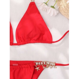 Costum de baie 2 piese cu cristale decorative, rosu #ZZ2715 - Img 3