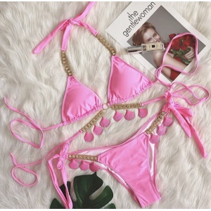 Costum de baie 2 piese cu cristale si scoici decorative, slip reglabil, roz neon#ZZ2911 - Img 4