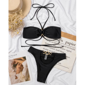 Costum de baie 2 piese cu decupaje, snururi si cercuri metalice decorative, negru #ZZ2085 - Img 3