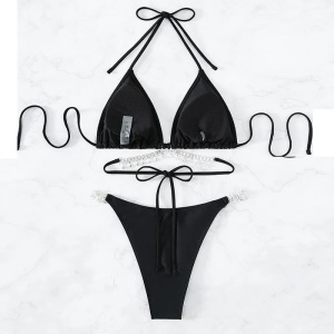 Costum de baie 2 piese cu elemente metalice si cristale decorative, negru #ZZ2919 - Img 8