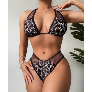 Costum de baie 2 piese cu insertii de plasa, imprimeu leopard, negru #ZZ2767