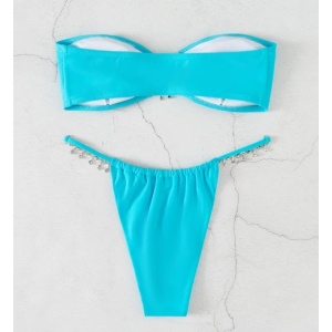 Costum de baie 2 piese cu lantisoare metalice decorative, albastru #ZZ2926 - Img 5