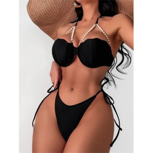 Costum de baie 2 piese cu perle decorative, cupe tari buretate, slip reglabil, negru #ZZ2081