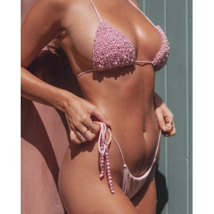 Costum de baie 2 piese cu perle decorative si slip tanga, roz #ZZ2764