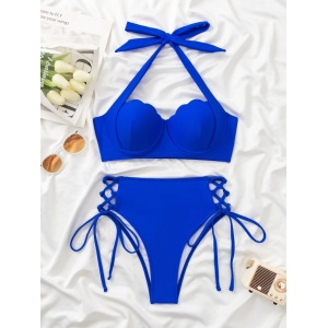 Costum de baie 2 piese cu push-up, slip cu taile inalta si șnururi laterale, albastru #ZZ2828 - Img 4