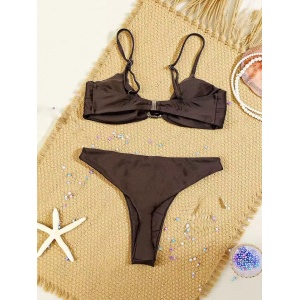 Costum de baie 2 piese cu slip brazilian si accesoriu metalic la sutien, maro #ZZ2011 - Img 4