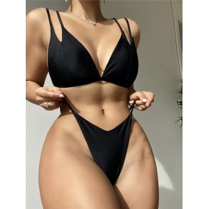 Costum de baie 2 piese cu slip tanga, negru #ZZ2757
