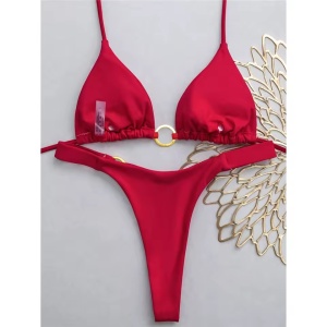 Costum de baie 2 piese cu slip tanga si cercuri metalice aurii, rosu #ZZ2136 - Img 4
