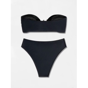 Costum de baie 2 piese cu sutien fără bretele si slip cu talie înaltă, negru #ZZ2084 - Img 5