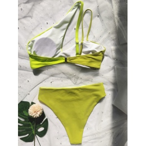 Costum de baie 2 piese cu sutien pe un umar si slip cu talie inalta, verde neon #ZZ2717 - Img 4