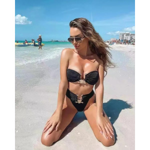 Costum de baie 2 piese cu talie inalta si accesorii metalice aurii, negru #ZZ2047 - Img 3