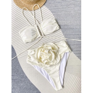 Costum de baie 2 piese cu talie inalta si trandafir decorativ, alb ivoire #ZZ2108 - Img 4
