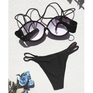 Costum de baie 2 piese, cupe tari buretate si bretelute decorative, negru #ZZ2786 - Img 2