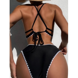 Costum de baie 2 piese, cupe tari din burete si contur decorativ alb, negru #ZZ2114 - Img 4
