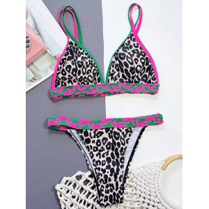 Costum de baie 2 piese, imprimeu leopard, benzi impletite la slip si sutien, multicolor #ZZ2031 - Img 4