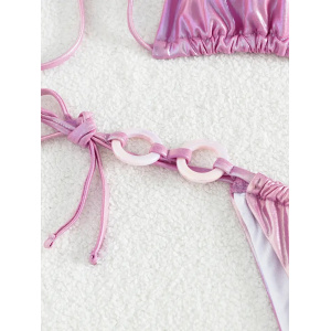 Costum de baie 2 piese metalizat cu cercuri decorative, slip reglabil, roz #ZZ2103 - Img 6