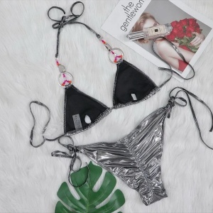 Costum de baie 2 piese metalizat cu cercuri si bilute decorative , argintiu #ZZ2877 - Img 7