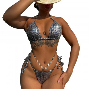 Costum de baie 2 piese metalizat cu cristale decorative, argintiu #ZZ2094 - Img 6