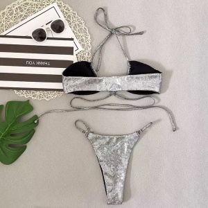 Costum de baie 2 piese metalizat, snur decorativ la sutien, argintiu #ZZ2867 - Img 4